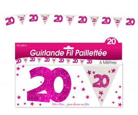 guirlande fanion 20 ans rose et blanc 