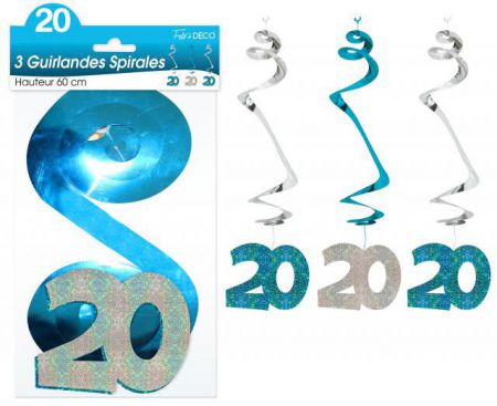 guirlande spirale 20 ans bleu x3 
