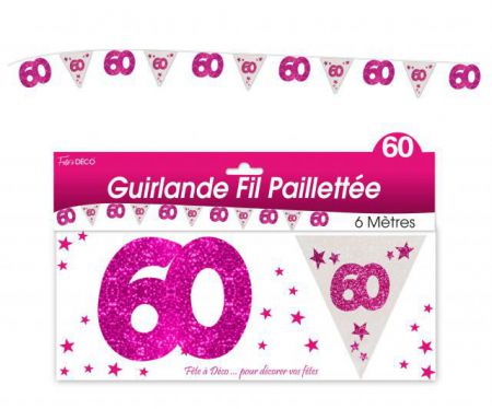 guirlande fanion 60 ans rose et blanc 